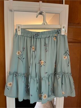 Blue Rain Floral Ruffle Skater Skirt in Light Teal